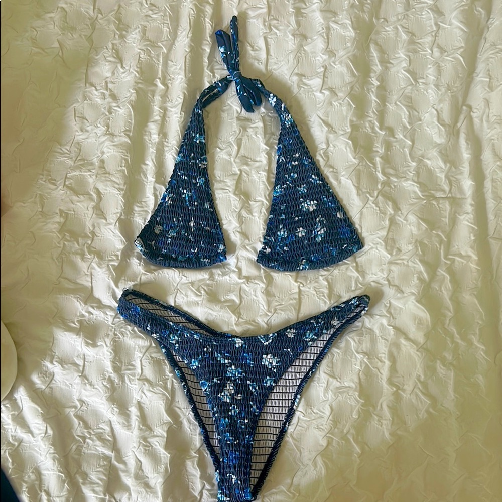 Blue Flower Ribbed Bikini Set